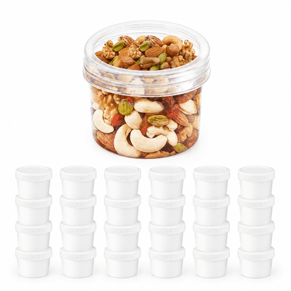 24-Pack 5oz Mini Food Storage Jars with Screw Lids, Reusable Plastic Freezer Containers for Jams, Sauces and Portion-Controlled Snacks, BPA-Free Stackable Refrigerator Organizer