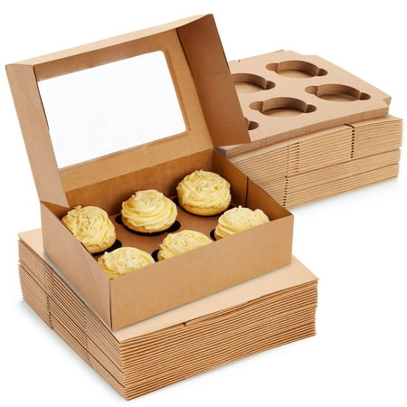 24 Pack 6 Count Cupcake Boxes with Windows - To Go Containers for Bakery, Desserts, Muffins (Kraft Paper, 3.7x4.2x3.7 in)