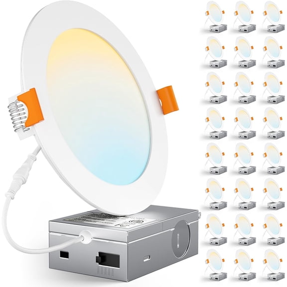 24 Pack 6 Inch 5CCT Ultra-Thin LED Recessed Ceiling Light with Junction Box, 2700K-5000K, 1050LM High Brightness, Dimmable Canless Wafer Downlight,12W Eqv 110W, ETL & Energy Star & FCC