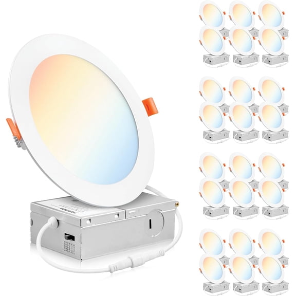 (24 Pack) 6 Inch 5CCT Ultra-Thin LED Recessed Ceiling Light with Junction Box, 5 Color Selectable 2700K/3000K/3500K/4000K/5000K, 12W, Dimmable Canless Wafer Slim Panel Downlight, IC Rated, ETL