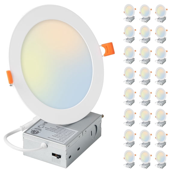 24 Pack 6 Inch 5CCT Ultra-Thin LED Recessed Ceiling Light with Junction Box, 1050LM Brightness, Dimmable Canless Wafer Downlight, 12W