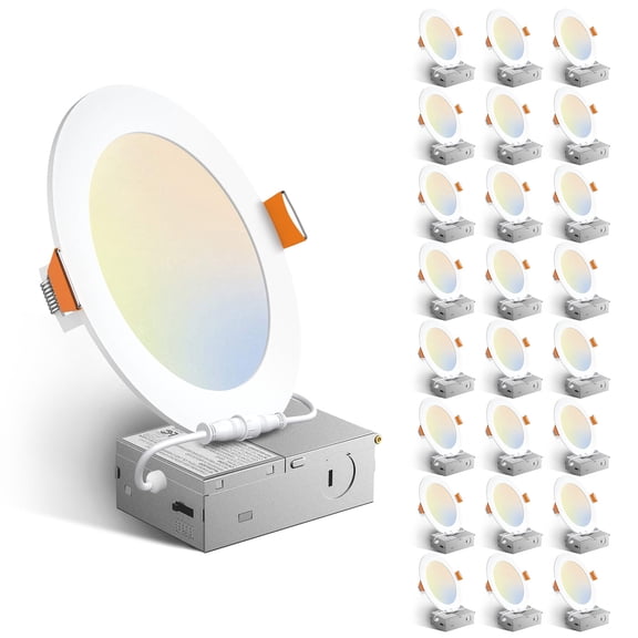 24 Pack 6 Inch 5CCT Ultra-Thin LED Recessed Ceiling Light with Junction Box, Dimmable Canless Wafer Downlight, 12W, 1050LM Brightness, ETL&FCC