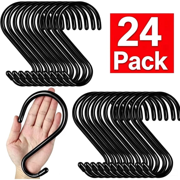 24 Pack 6 Inch Heavy Duty S Hooks, 7mm Thick Non-Slip Vinyl Rubber Coated Black Metal S Hooks for Plants, Closet Organizer, Bird Feeders, Kitchen Utensils, Heavy Items, Tools and Bikes