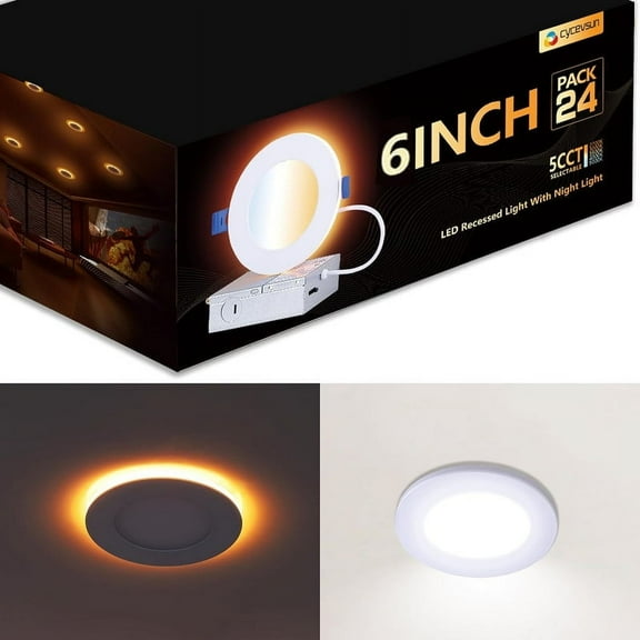 24 Pack 6 Inch LED Recessed Light with Night Light - Canless Ultra Thin Wafer Downlight Soffit Pot Ceiling Lighting, Dimmable & 5 Color Temperature Selectable, 12W, ETL & Energy Star