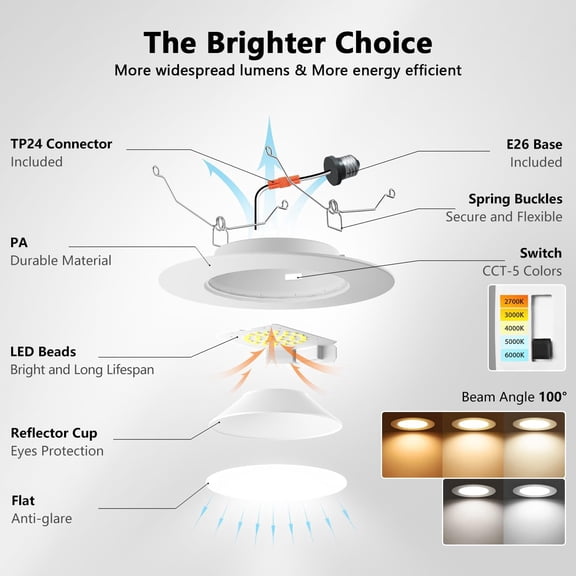 24 Pack 6 Inch LED Recessed Lighting Retrofit, 5CCT Selectable 2700K-6000K, 10W=120W 1000LM Dimmable Ceiling Can Lights, IC Rated LED Ceiling Light Fixtures for 5” or 6” Recessed Cans