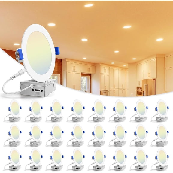 24 Pack 6 in Recessed Lighting, 5CCT LED Recessed Light with Junction Box, 2700K-5000K Selectable, 13W Eqv 120W, 1080LM Dimmable Canless Wafer Downlight, LED Ceiling Light ETL Certificated