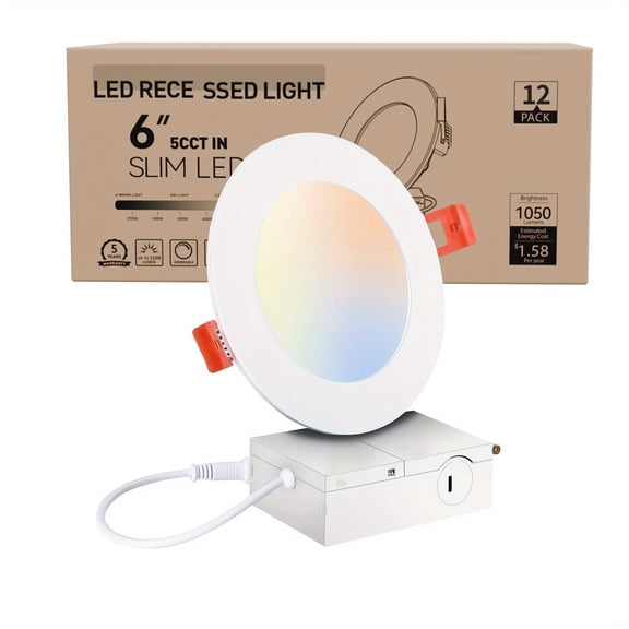 24-Pack 6-inch 5CCT LED Recessed Ceiling Lights with Junction Box | 2700K/3000K/3500K/4000K/5000K Color Temperatures, 1050LM Brightness, Dimmable Slotless Design, 12W-ETL, Metal Fin