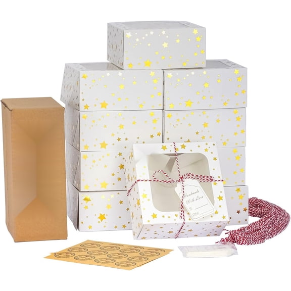 24 Pack 6X6X3 Christmas Cookie Boxes for Gift Giving Gold Foil Star White Bakery Boxes with Window 6 Inch Small Treat Boxes for Mini Cake Pastry Dessert Cupcakes Candy Donut Packaging