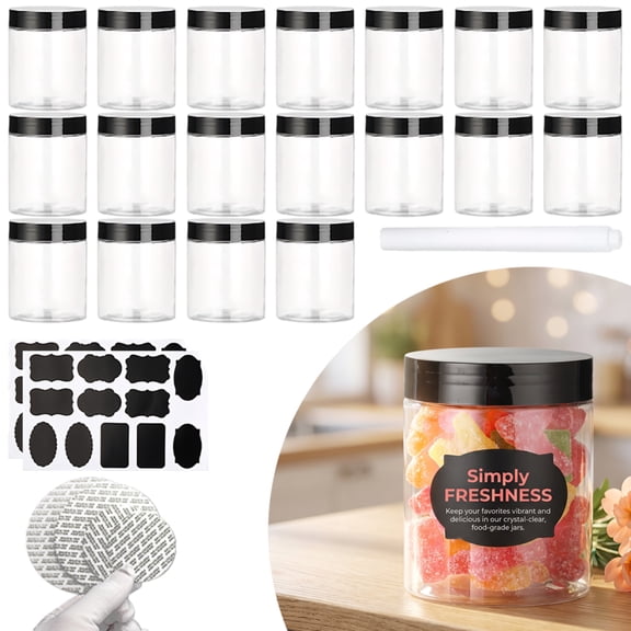 24 Pack 7oz Clear Plastic Jars with Black Lids, Empty Storage Containers with Labels and Marker for Cookie Snacks Candy Dry Food