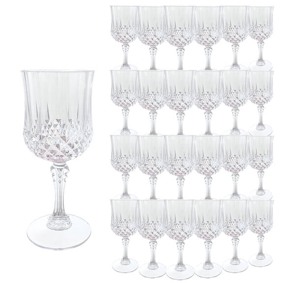 24 Pack 7oz Plastic Wine Goblets, Vintage Crystal Style Unbreakable Reusable Stemware, Clear Drinking Glasses for Wedding Party Anniversary Holiday