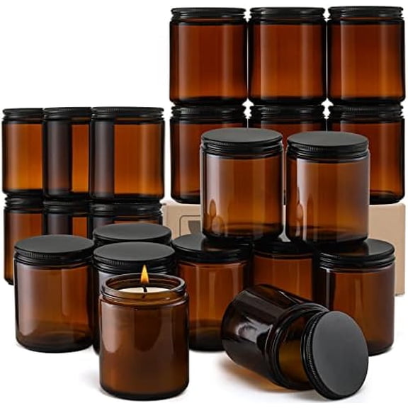 24 Pack, 8 OZ Thick Amber Candle Jars for Making Candle - Round Glass Jars with Lids - Empty Food Storage Containers, Canning/Mason Jar For Spice, Powder, Liquid, Sample - Leakproof & Food Grade