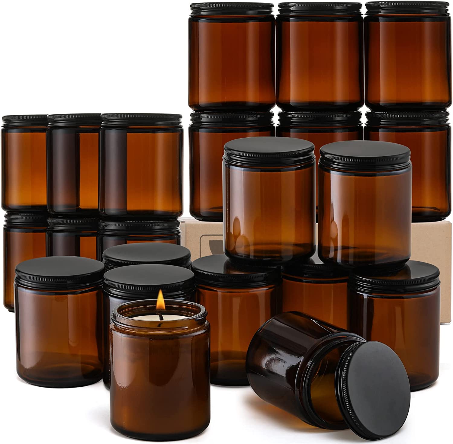 24 Pack, 8 OZ Thick Amber Candle Jars for Making Candle - Round Glass ...