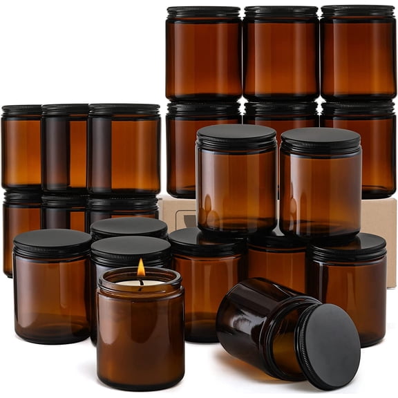 24 Pack, 8 OZ Thick Amber Candle Jars for Making Candle - Round Glass Jars with Lids - Empty Food Storage Containers, Canning/Mason Jar For Spice, Powder, Liquid, Sample - Leakproof & Food Grade