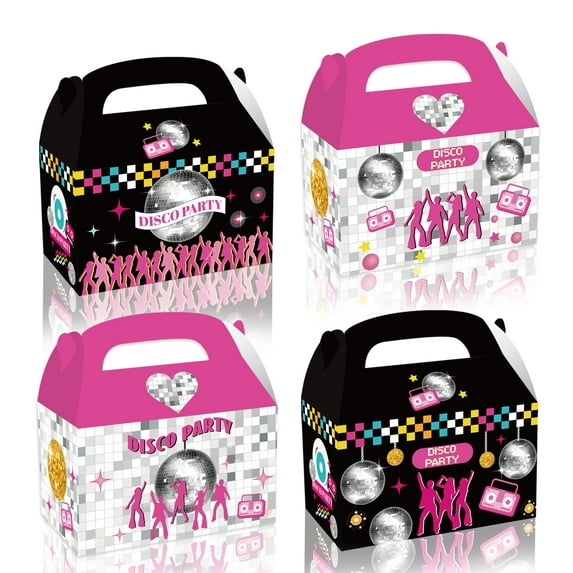 24 Pack 80s 90s Party Favor Boxes, Radio Gift Treat Bags, Disco Gable Boxes for Birthday Decorations Supplies Favors,Dessert Candy Goodies Bulk Pink&Black Box