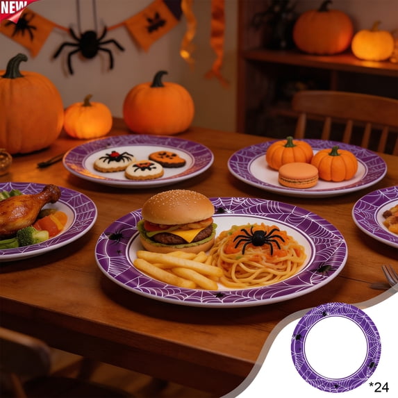 24 Pack 9 Inch Spider Web Disposable Paper Plates, Halloween Spooky Print Heavy Duty Dinner Plates, Disposable Tableware for Indoor Outdoor Halloween Decorations Haunted House Birthday Party Supplies