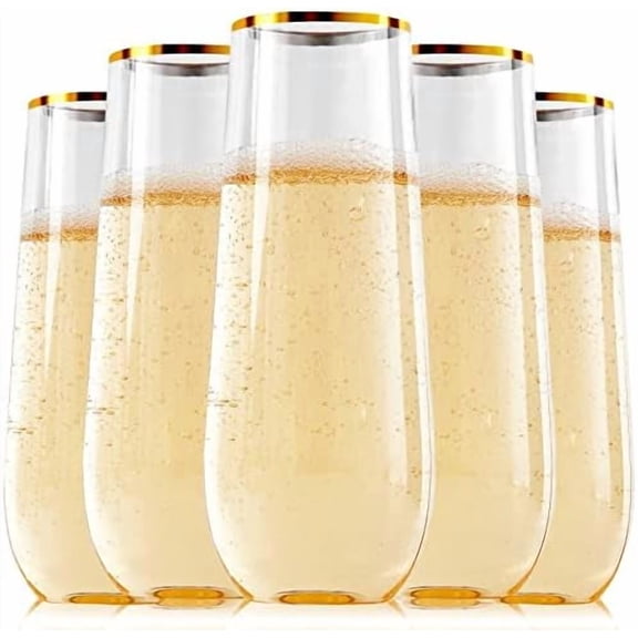 24 Pack 9 Oz Plastic Stemless Gold Rim Champagne Flutes, Heavy Duty, Shatterproof, Disposable & Reusable Crystal Clear Toasting Glasses