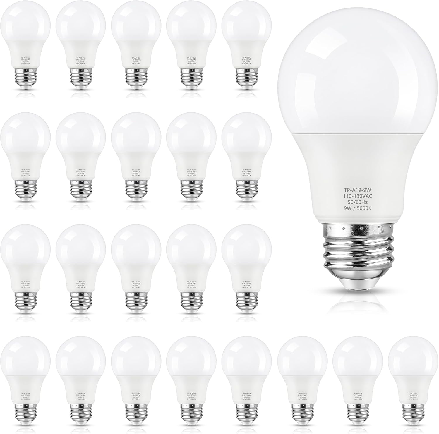 24-Pack A19 LED Light Bulbs, 60W Equivalent, Daylight White 5000K, E26 Base, 850 Lumen, Non-Dimmable, 9W Bright White LED Bulb