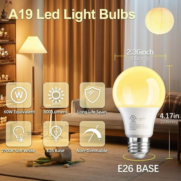 24 Pack A19 LED Light Bulbs Soft Warm White 2700K, 60 Watt Equivalent, Efficient 9W, E26 Standard Base, Non Dimmable Energy Saving Warm Light Lamp Bulb, 800LM 120V, for Home, Bedroom, Living Room