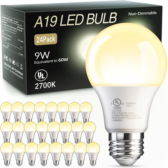 24 Pack A19 LED Light Bulbs Soft Warm White 2700K, 60 Watt Equivalent, Efficient 9W, E26 Standard Base, Non Dimmable Energy Saving Warm Light Lamp Bulb, 800LM 120V, for Home, Bedroom, Living Room
