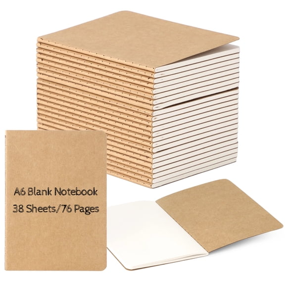24 Pack A6 Blank Notebook Bulk, Unlined Kraft Paper Notebook, 38 Sheets/76 Pages, Small Blank Stitch Bound Journals, Portable Pocket Size Notepads for Drawing, Planning, Sketching