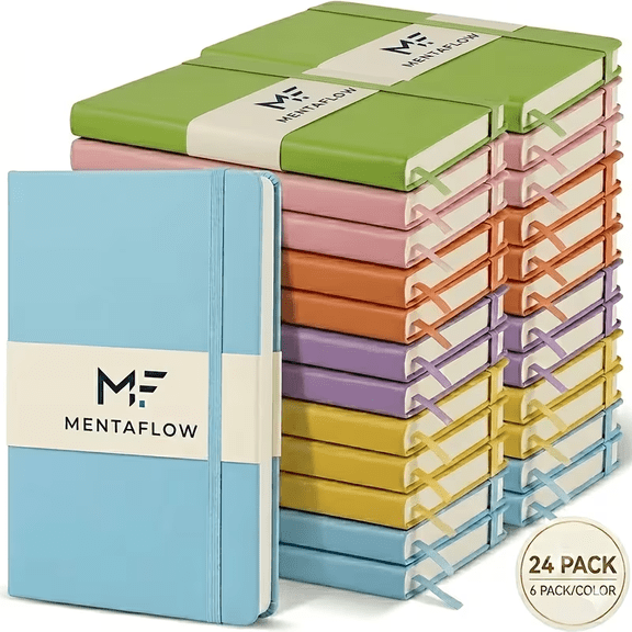 24-Pack A6 Pocket Journals, 6 Colors 160 Pages 80GSM Lined Notebooks, 8mm Wide Ruled Mini Diaries with Ribbon Bookmark for School & Business Notes