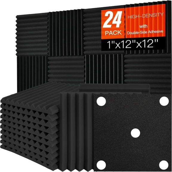 24 Pack Acoustic Foam Panels 1" x 12" x 12" Sound Proof Foam Panles Soundproofing Noise Absorbing Wedge Black Panels for Wall Studio Foams with Double-Side Adhesive