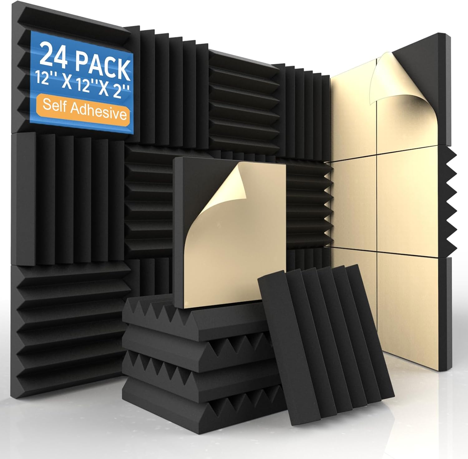 24 Pack Acoustic Foam Panels with Self-Adhesive – High-Density Wedge ...