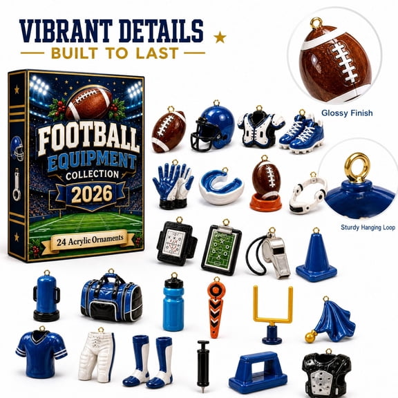 24 Pack Acrylic American Football Equipment Collection Ornaments with Mini Sports Gear Designs, 2 Inch, for Christmas Tree and Sports Themed Party Decorations