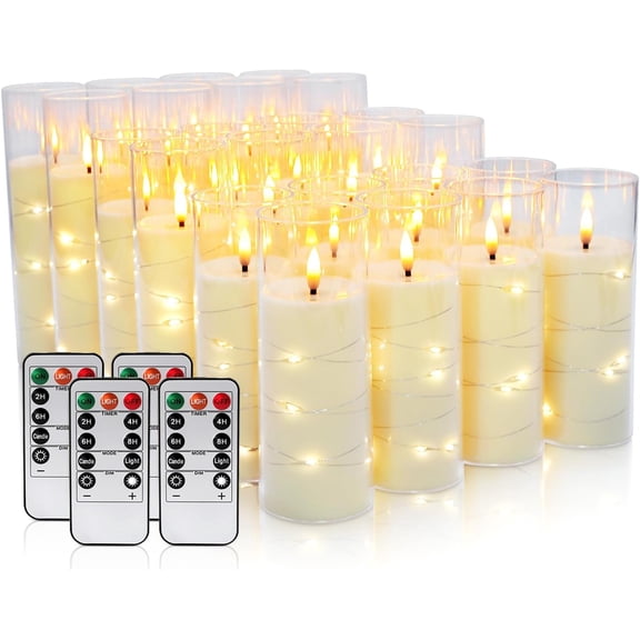 24 Pack Acrylic Flameless Candles,with Embedded Star String, Battery Operated Candles Flickering LED Pillar Candles with Remote Control and Timer, Ideal for Indoor/Outdoor Decor,Wedding,BBQ and Gift.