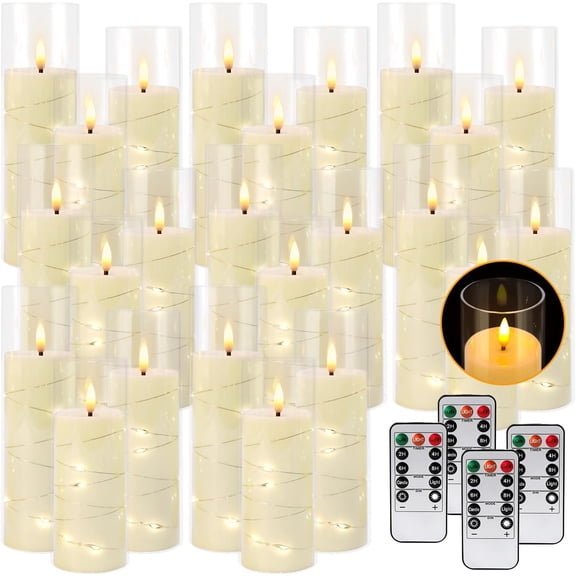 24 Pack Acrylic Flameless Candles,with Embedded Star String, Battery Operated Candles Flickering LED Pillar Candles with Remote Control and Timer, Ideal for Indoor/Outdoor Decor,Wedding,BBQ and Gift.