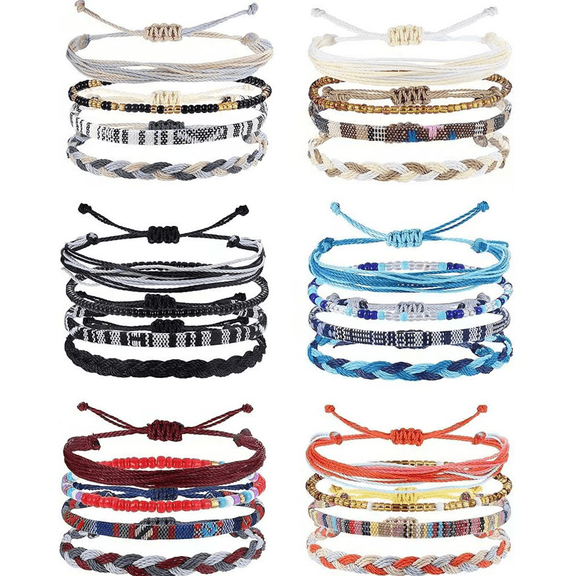 24 Pack Adjustable Boho Anklets & Bracelets Set - Handmade Braided Beach Jewelry, Waterproof Surfer Stackables Friendship Bracelet for Women Men (Summer Colorful Unisex)
