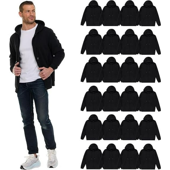 BILLIONHATS 24 Pack Adult Zippered Hoodies For Men & Women Classic Fit Unisex Hoodie Sweatshirt in Bulk, Black Color, ASSORTED SIZES Ideal For Homeless Shelter Donations Events