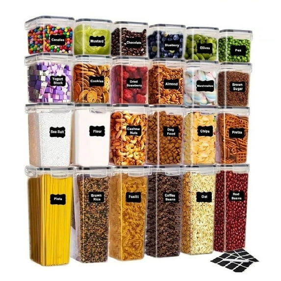 24 Pack Airtight Food Storage Containers with Lids, Plastic Kitchen and Pantry Organization Canisters for Cereal, Dry Food, Flour and Sugar, BPA Free, Includes 24 Labels