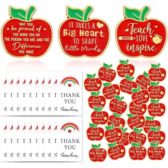 Beth 24 pack Apple Lapel Pins with Thank You Cards, Back to School Welcome Gift Set for Teachers and Staff