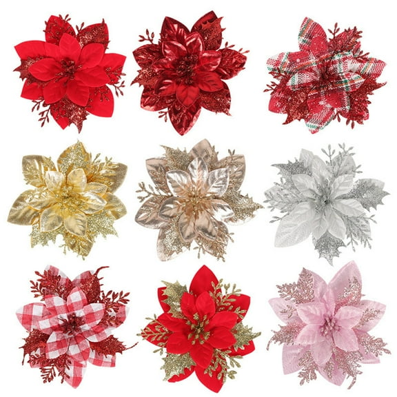 24 Pack Artificial Christmas Flowers, Xmas Glitter Poinsettia 5.5 inch Artificial Flowers Christmas Tree Decorations Clearance Ornaments with Clips