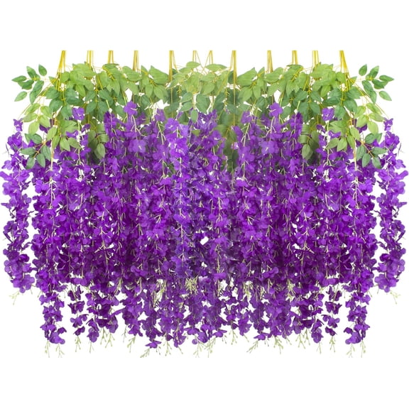 24 Pack Artificial Fake Wisteria Vine Ratta (3.75 Feet) Hanging Garland Silk Flowers String Home Party Wedding Decor(Purple)
