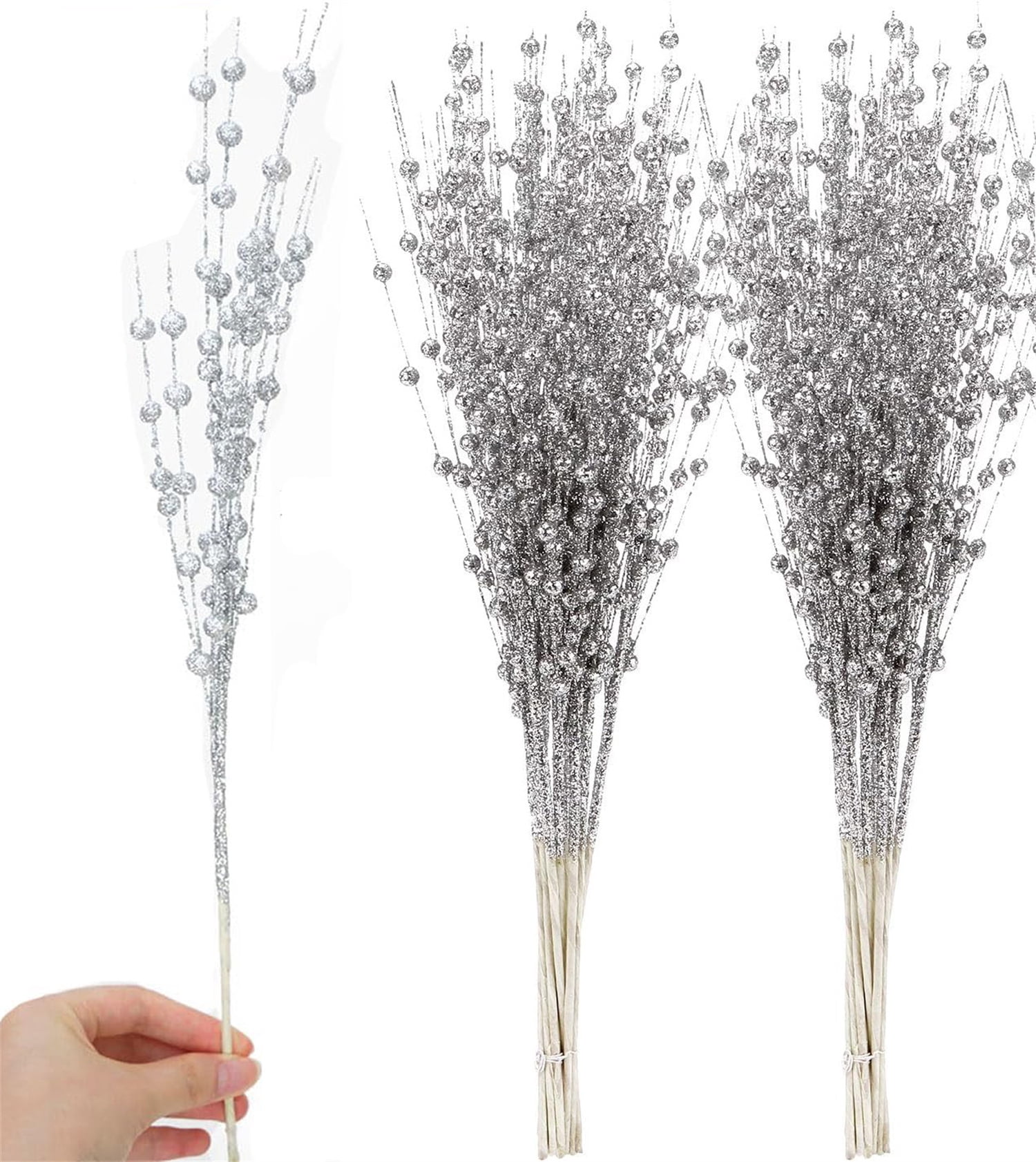 24 Pack Artificial Glitter Berry Stem Ornaments Decorative Bead Sticks,Bexikou 17" Fake Berry Branch Picks Glittery Twigs Branches for Christmas Tree, Small Vase, Holiday, Wedding, Party (Silver)