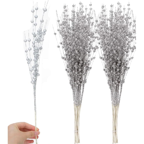 24 Pack Artificial Glitter Berry Stem Ornaments Decorative Bead Sticks,Bexikou 17" Fake Berry Branch Picks Glittery Twigs Branches for Christmas Tree, Small Vase, Holiday, Wedding, Party (Silver)