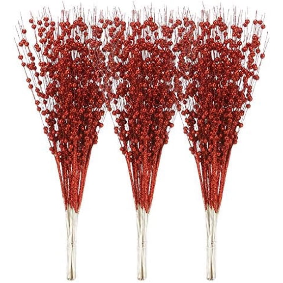 24-Pack Artificial Glitter Berry Stem Ornaments, Decorative Bead Sticks, Glittery Twigs, Picks, Branches for Christmas Tree, Small Vase, Holiday, Wedding, Party (17 Inches, Red)