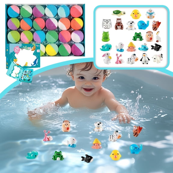 24 Pack Assorted Color Hidden Toy Fizzing Bubble Bath Bombs Gift Box, Kids Fun Bubble Bath Time Relaxing Bedtime Routine Prizes, Tear Free Natural Essential Oils Gentle Skin Care For Boys And Girls