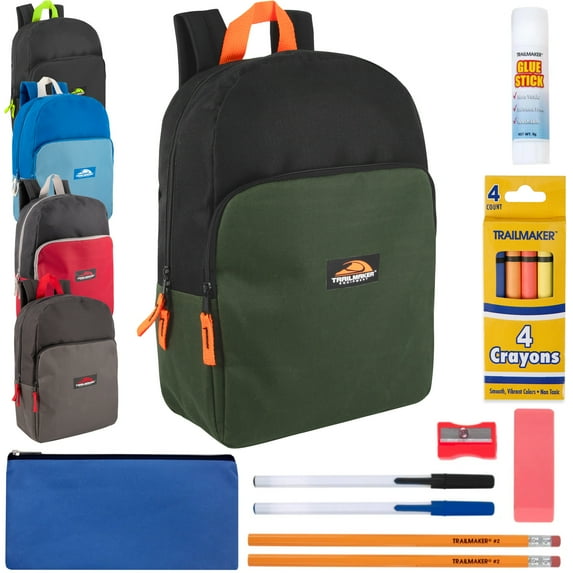 24 Pack of Assorted Two Tone Color Backpacks with 12 Piece Stationary Kits Each Containing 2 Pencils, 2 Pens, 4 Crayons, 1 Pencil Case, 1 Eraser & More!
