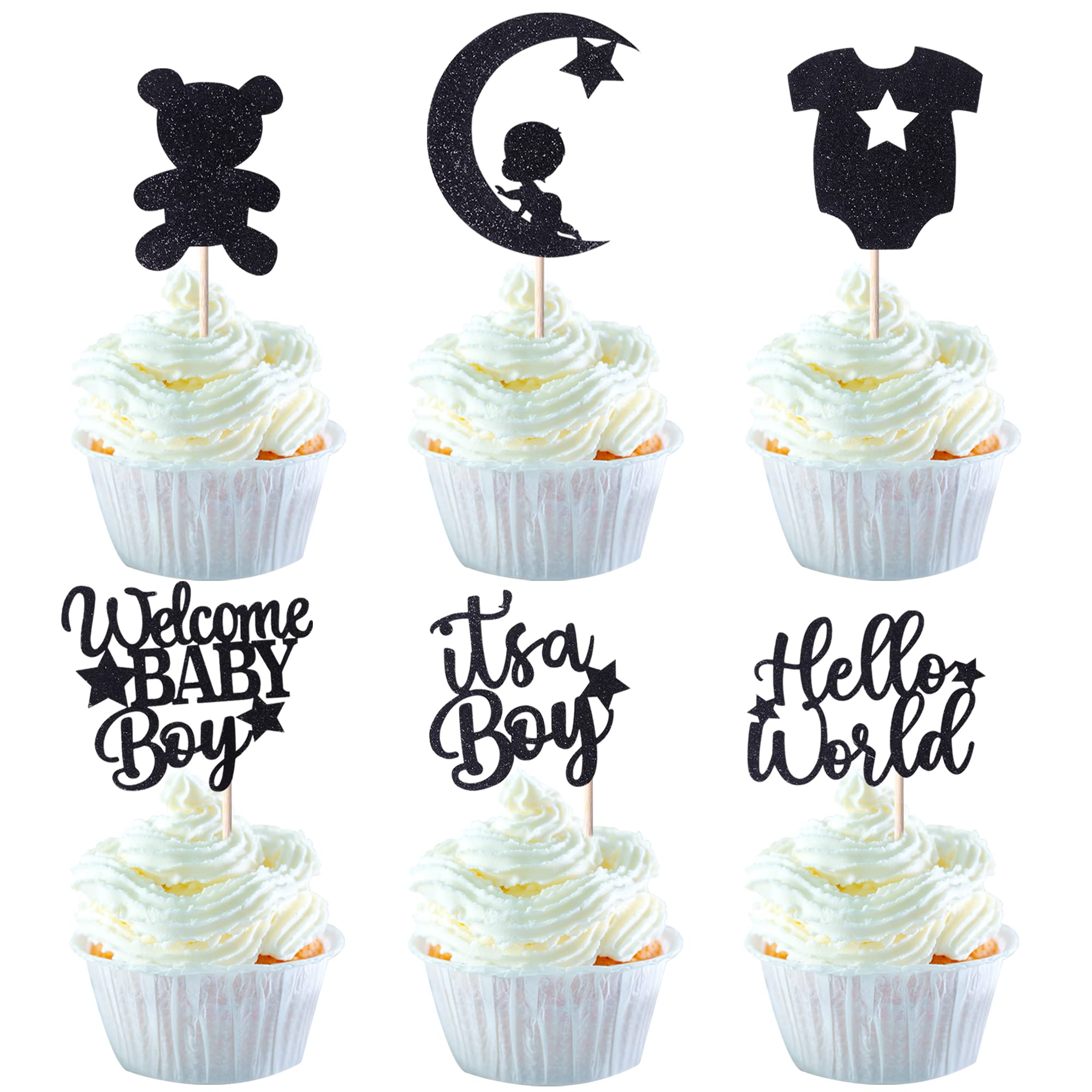 24 Baby Boy Cupcake Topper – 'It's A Boy' Glitzer Sterne & Mond Deko | Für Gender-Reveal & Geburtstagsparty