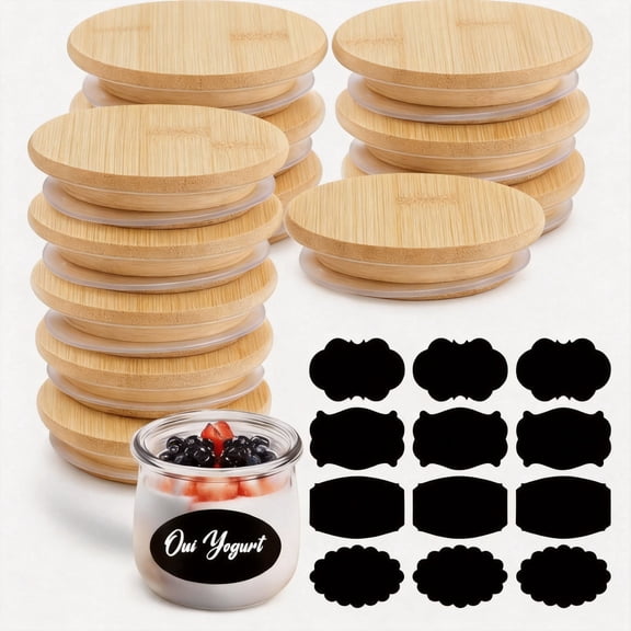 Bamboo Lids 24 Pack Reusable Wooden Storage Covers with Silicone Rings Labels Leak Proof 5 oz Canning Lids Compatible with Oui Yogurt Jars