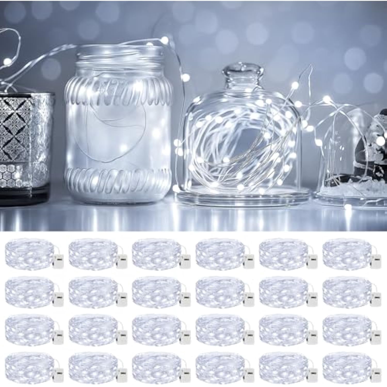 24 Pack Battery Operated Fairy Lights 7ft 20LED with 3 Modes, Waterproof Twinkle Lights for Mason Jars Wedding Centerpieces DIY Christmas Decor, White