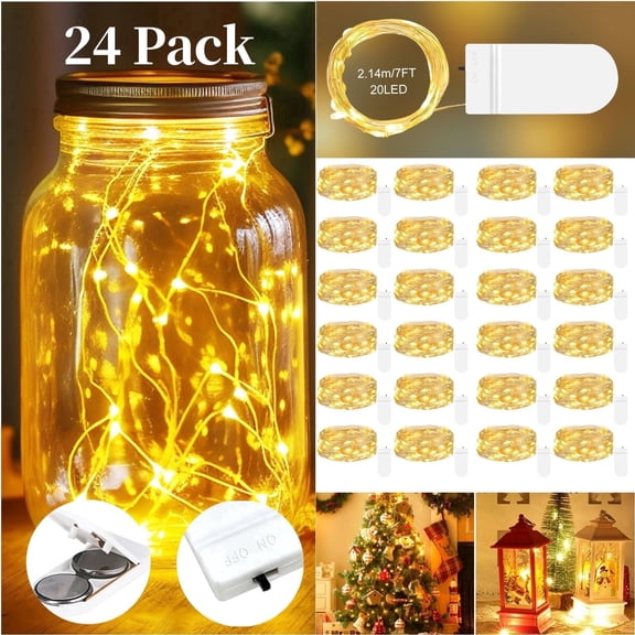 HOVMAP 24Pack Fairy Lights Battery Operated 7ft 20LED, Waterproof Mini String Lights for Mason Jars, Wedding Centerpieces, Bulk Crafts, Warm White