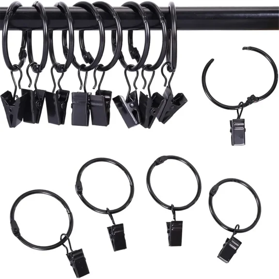 24 Pack Black Curtain Clip Rings, 1.26 Inch, Openable Metal Hooks for Drapery, Rustproof finish for Window Rods
