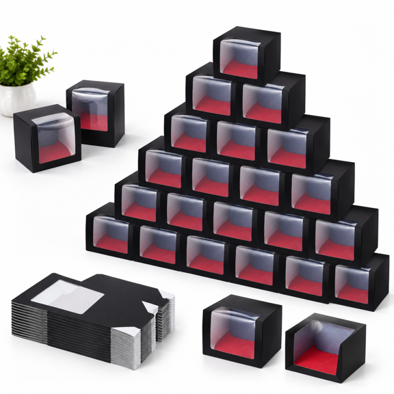 24 Pack Black Hat Boxes With Clear Window, Foldable Storage Organizer for Baseball Caps, Snapbacks, and Dad Hats