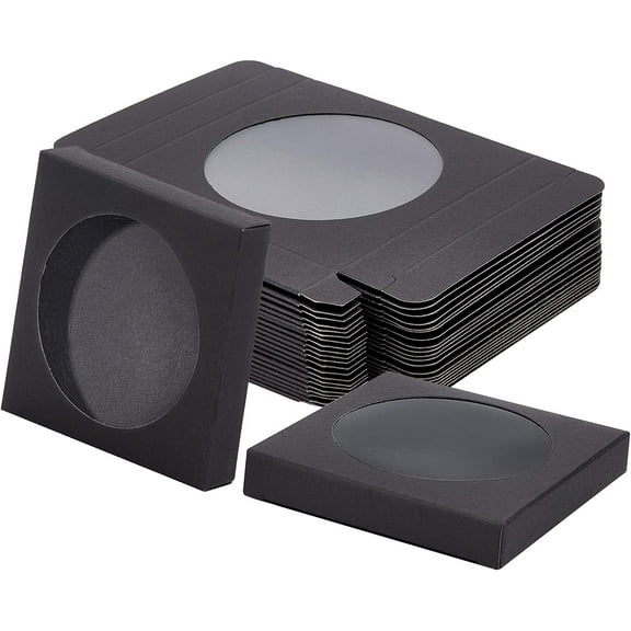 24 Pack Black Kraft Paper Boxes with Clear Window 3.5x3.5x0.6" Paper Gift Packaging Boxes