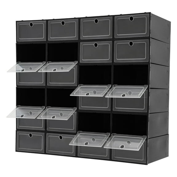 Mystic Black Shoe Storage Set - 24 Stackable Flip-Top Boxes with Textured Surface (Dustproof)