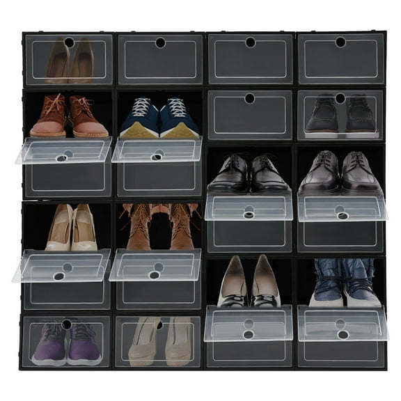 24 Pack Black Stackable Shoe Boxes Shoe Storage Display Box Shoe Storage Organizer with Transparent Flip Lid